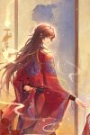  1boy absurdres arm_behind_back chinese_clothes dress fire flower glowing hanfu highres hua_cheng long_hair looking_at_another mumuda13531 red_flower red_rose rose smoke string string_of_fate tian_guan_ci_fu wedding_dress xie_lian 