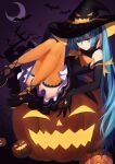  1girl absurdres aqua_eyes aqua_hair bat_(animal) black_gloves commentary_request crescent_moon dress elbow_gloves full_body gloves halloween hat hatsune_miku high_heels highres jack-o&#039;-lantern long_hair looking_at_viewer moon night orange_thighhighs solo tenmoon thigh-highs tree twintails very_long_hair vocaloid witch_hat 