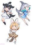 3girls animal_ears black_hair blonde_hair blue_eyes bow bowtie cat_ears cat_girl cat_tail cetacean_tail commerson&#039;s_dolphin_(kemono_friends) common_bottlenose_dolphin_(kemono_friends) dolphin_girl elbow_gloves fish_tail gloves grey_hair kemono_friends kneehighs multiple_girls official_art one_eye_closed open_mouth serval_(kemono_friends) shirt short_hair skirt sleeveless sleeveless_shirt smile socks tail thigh-highs transparent_background yellow_eyes yoshizaki_mine