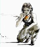  1girl bandaged_arm bandages black_tank_top boots breasts cargo_pants character_request cigarette forehead full_body h_(nxbfn779) highres medium_breasts metal_gear_(series) metal_gear_solid_v:_the_phantom_pain muscular muscular_female neckerchief official_style one_knee orange_neckerchief pants shinkawa_youji_(style) short_hair sleeveless smoke smoking solo spot_color tank_top 