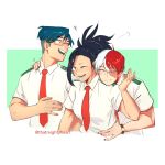 1girl 2boys black_hair blue_hair boku_no_hero_academia burn_scar collared_shirt commentary english_commentary glasses grey_eyes hair_between_eyes hand_on_another&#039;s_shoulder hand_on_another&#039;s_waist highres iida_tenya long_hair looking_at_another multicolored_hair multiple_boys necktie one_eye_closed open_mouth orange_eyes ponytail red_necktie redhead scar scar_on_face school_uniform shirt short_hair short_sleeves simple_background smile split-color_hair thatmightyheart todoroki_shouto two-tone_hair u.a._school_uniform upper_body white_background white_hair white_shirt yaoyorozu_momo 