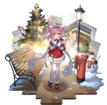  1girl ahoge azur_lane bangs bench black_hairband box christmas christmas_lights christmas_tree closed_eyes fur-trimmed_shirt fur_trim gift gift_box hair_between_eyes hairband highres holding holding_gift long_hair long_sleeves mittens official_alternate_costume official_art one_eye_closed open_mouth park_bench pink_hair pleated_skirt postbox_(outgoing_mail) red_footwear red_shirt saratoga_(azur_lane) saratoga_(silent_night_songstress)_(azur_lane) saru scarf shirt skirt snow snowman solo twintails violet_eyes white_scarf white_skirt 