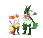  2girls :&lt; :3 animal_ears animal_feet animal_hands artist_name ban_(ban62460424) black_fur body_fur braixen cat_girl closed_mouth commentary_request crossed_arms eye_contact flat_chest floating floating_object fox_ears fox_girl fox_tail from_side full_body fur_collar furry furry_female green_fur green_hair hands_on_hips height_difference legs lightning_glare looking_at_another looking_down looking_up meowscarada multiple_girls pokemon pokemon_(creature) red_eyes short_hair signature simple_background standing stick tail two-tone_fur white_background white_fur yellow_fur 