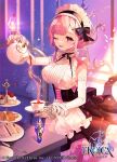  apron black_bow bottle bow breasts corset cup dress eroica hair_ornament hairclip helena_(eroica) large_breasts maid_headdress natsuiro_xx official_art one_eye_closed pink_eyes pink_hair pink_nails poison short_hair_with_long_locks smile teacup teapot 