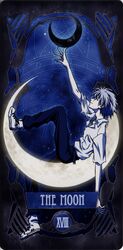  belt black_border black_moon blue_background border card_(medium) crescent_moon dress_shirt english_text highres moon nagisa_kaworu neon_genesis_evangelion non-web_source roman_numeral shirt shoes tarot the_moon_(tarot) white_footwear white_hair 