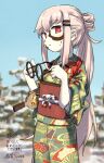 1girl alternate_costume arigatoner dated facepaint girls_frontline glasses green_kimono hagoita hair_ornament hairclip highres holding holding_eyewear japanese_clothes kimono looking_at_viewer obi outdoors paddle ponytail red_eyes sash sidelocks sky snow solo translation_request type_80_(girls&#039;_frontline) 