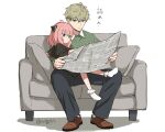  1boy 1girl anya_(spy_x_family) asgykk bangs black_shirt blonde_hair blue_eyes blue_pants couch father_and_daughter full_body green_eyes green_shirt hair_between_eyes hairpods highres holding holding_newspaper newspaper on_couch pants pink_hair shirt sitting sitting_on_lap sitting_on_person spy_x_family twilight_(spy_x_family) twitter_username white_background 