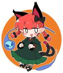  1girl animal_ears black_bow black_footwear blush bow cat_ears cat_tail dress extra_ears frilled_dress frills full_body green_dress ini_(inunabe00) kaenbyou_rin long_hair long_sleeves multiple_tails open_mouth redhead shoes smile solo tail touhou twintails two_tails 