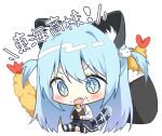 +_+ 1girl afterimage animal_ear_fluff animal_ears bangs big_head black_skirt blue_eyes blue_hair blush cat_ears cat_girl cat_hair_ornament cat_tail chibi collared_shirt commentary_request eating fang food food_on_face full_body hair_between_eyes hair_ornament highres holding holding_food kneehighs no_shoes onigiri open_mouth original pleated_skirt saeki_sora shirt shrimp shrimp_tempura simple_background sitting skirt socks soles solo speed_lines striped striped_socks tail tail_wagging tempura translation_request two_side_up wavy_mouth white_background white_shirt 