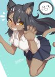  1girl absurdres animal_ear_fluff animal_ears animal_nose bangs black_hair blue_background blue_skirt blush body_fur breasts brown_fur cat_ears cat_girl cat_tail claw_pose collared_shirt commentary_request fang furrification furry furry_female gradient_hair grin hair_between_eyes hands_up happy highres ijiranaide_nagatoro-san long_hair looking_at_viewer medium_breasts miniskirt multicolored_hair nagatoro_hayase nose_blush notice_lines orange_eyes pleated_skirt shirt shoes short_sleeves sidelocks simple_background skirt smile solo speech_bubble spoken_expression tail teeth thighs v-shaped_eyebrows white_footwear white_shirt zinfyu 