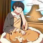  1boy akita_inu black_hair black_jacket black_survival blue_eyes blue_sky clouds commentary_request dog grin hand_in_own_hair haori highres jacket japanese_clothes kimono kurodani_yamame looking_afar looking_outside male_focus rinyamame short_hair sky smile solo touhou yellow_kimono yuki_(black_survival) 