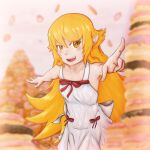  absurdres bakemonogatari blonde_hair doughnut dress food highres monogatari_(series) oshino_shinobu pointing red_ribbon ribbon sharp_teeth smile teeth vadamecox white_dress yellow_eyes 