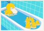  bath bathtub bird black_eyes border duck highres no_humans partially_submerged pokemon pokemon_(creature) psyduck ripples rubber_duck saiku_(zvlku) tile_wall tiles water white_border 