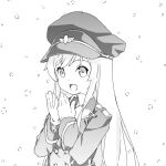  1girl :d collared_shirt commentary_request girls_frontline gloves hat long_hair military military_hat military_uniform monochrome necktie open_mouth peaked_cap second-party_source shirt smile snowing solo stg44_(girls&#039;_frontline) ueki_yuma uniform upper_body white_gloves 
