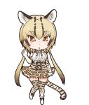 1girl animal_ear_fluff animal_ears belt bow bowtie cat_ears cat_girl cat_tail elbow_gloves extra_ears gloves grey_hair highres kemono_friends long_hair looking_at_viewer ocelot_(kemono_friends) official_art open_mouth red_eyes shirt shoes skirt sleeveless sleeveless_shirt socks solo tail thigh-highs transparent_background twintails yoshizaki_mine