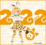 1girl animal_ear_fluff animal_ears belt blonde_hair bow bowtie cat_ears cat_girl cat_tail elbow_gloves extra_ears gloves kemono_friends kemono_friends_2 looking_at_viewer official_art one_eye_closed open_mouth serval_(kemono_friends) shirt shoes short_hair simple_background skirt sleeveless sleeveless_shirt socks solo tail thigh-highs yellow_eyes