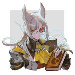  1boy animal_ears ascot book braid brown_shirt closed_mouth collared_shirt cropped_arms cropped_torso glasses granblue_fantasy grey_hair highres holding holding_book jacket long_hair looking_at_viewer lu_woh_(granblue_fantasy) male_focus open_clothes open_jacket sanditk_gbf shirt solo white_jacket yellow_ascot yellow_eyes 