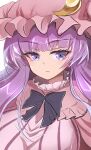 1girl bangs blunt_bangs blush breasts crescent crescent_hair_ornament crescent_hat_ornament crescent_pin dress eyelashes hair_ornament hat hat_ornament highres long_hair long_sleeves looking_at_viewer mob_cap namiki_(remiter00) parted_lips patchouli_knowledge purple_dress purple_hair purple_headwear sidelocks solo striped striped_dress touhou vertical-striped_dress vertical_stripes violet_eyes 