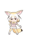 1girl animal_ears black_eyes blonde_hair bow bowtie closed_mouth elbow_gloves extra_ears fennec_(kemono_friends) gloves highres kemono_friends looking_at_viewer official_art pink_sweater shoes short_hair skirt socks solo sweater tail thigh-highs transparent_background yoshizaki_mine