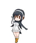  1girl black_hair boots gentoo_penguin_(kemono_friends) gloves headphones highres hood hoodie kemono_friends long_hair looking_at_viewer official_art open_mouth penguin_girl penguin_tail skirt socks solo straight_hair tail transparent_background yoshizaki_mine 