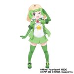 1girl bow bowtie copyright elbow_gloves gloves green_eyes green_hair green_jacket hat jacket kemono_friends kemono_friends_3 keroro_(kemono_friends) keroro_gunsou looking_at_viewer official_art one_eye_closed open_mouth ribbon shirt shoes short_hair simple_background skirt socks solo star_(symbol) tachi-e thigh-highs white_shirt