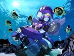  1girl air_bubble artist_name azuredawn40 blue_eyes bubble dated fish head_tilt highres looking_up mecha nautica_(transformers) parted_lips robot science_fiction sitting solo the_transformers_(idw) transformers underwater 