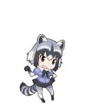 1girl animal_ears black_eyes bow bowtie common_raccoon_(kemono_friends) elbow_gloves extra_ears gloves grey_hair highres kemono_friends looking_at_viewer official_art open_mouth raccoon_ears raccoon_girl raccoon_tail shirt shoes short_hair skirt socks solo tail thigh-highs transparent_background yoshizaki_mine