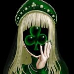  1girl bangs black_background blonde_hair club_(shape) faceless faceless_female green_headwear green_nails green_theme hand_up highres long_hair original shadow simple_background solo surreal tanenso_il 