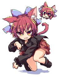  1girl :3 animal_ears bangs black_footwear black_shirt blue_bow bow cat_ears disembodied_head full_body hair_bow isu_(is88) looking_at_viewer multiple_heads open_mouth red_eyes red_skirt redhead sekibanki shirt simple_background skirt smile solo touhou white_background 