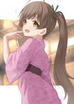  1girl bangs binsen blurry blurry_background border brown_eyes brown_hair floral_print green_ribbon hair_ribbon hakozaki_serika hand_up highres idolmaster idolmaster_million_live! japanese_clothes kimono long_hair looking_back musical_note obi open_mouth pink_kimono print_kimono ribbon sash smile solo twintails white_border 