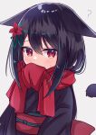  1girl ? animal_ears black_hair black_kimono cat_ears cat_girl cat_tail ears_down enpera highres japanese_clothes kimono long_hair looking_at_viewer mouth_hold original red_eyes red_scarf scarf sese_nagi tail 