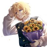  1boy adjusting_hair alternate_costume arm_up basil_(omori) belt berry_(blu_berri) blonde_hair blue_eyes bouquet closed_mouth flower green_sweater_vest highres holding holding_bouquet long_sleeves looking_at_viewer omori shirt short_hair simple_background smile solo sunflower sweater_vest upper_body wavy_hair white_background white_shirt 
