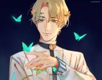  1boy alfred_(fire_emblem) bangs blonde_hair bug butterfly butterfly_on_hand closed_mouth d4ggerfish fire_emblem fire_emblem_engage flower glowing_butterfly green_eyes hair_flower hair_ornament head_wreath highres long_sleeves shirt short_hair simple_background solo white_shirt 