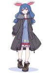  1girl absurdres animal_ears blue_dress blue_hair blush_stickers boots brown_footwear closed_mouth coat collarbone dress earclip full_body grey_coat highres kame_(kamepan44231) long_hair long_sleeves one-hour_drawing_challenge open_clothes open_coat rabbit_ears red_eyes seiran_(touhou) simple_background smile socks solo touhou white_background white_socks 