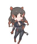 1girl animal_ears black_eyes black_hair breasts cleavage extra_ears gloves highres hippopotamus_(kemono_friends) hippopotamus_ears kemono_friends large_breasts leather_suit long_hair looking_at_viewer multicolored_hair official_art open_mouth redhead solo transparent_background yoshizaki_mine zipper