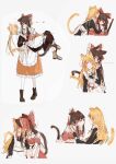  2girls absurdres adapted_costume alternate_costume animal_ears apron black_dress black_hair blonde_hair blush boots bow brown_eyes brown_footwear carrying cat_ears cat_tail closed_eyes cross-laced_footwear dress enmaided frilled_apron frills hair_bow hair_tubes hakurei_reimu highres kirisame_marisa knee_boots lace-up_boots long_hair maid maid_apron multiple_girls open_mouth princess_carry red_bow red_dress sidelocks tail touhou white_apron wrist_cuffs ydpfa yellow_eyes 