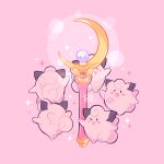  :d artist_logo artist_name bishoujo_senshi_sailor_moon blush_stickers clefairy commentary crescent crescent_wand diamond_(shape) fang highres leaphere no_humans one_eye_closed open_mouth pink_background pink_theme pokemon pokemon_(creature) simple_background smile sparkle star_(symbol) wand 
