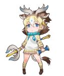 1girl animal_ear_fluff animal_ears blonde_hair blue_eyes closed_mouth empty_eyes extra_ears hair_ornament highres horns kemono_friends looking_at_viewer official_art scarf shirt shoes short_hair sivatherium_(kemono_friends) skirt socks solo striped_hair tail transparent_background vest weapon yoshizaki_mine