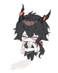  1boy animal_ears arknights bangs black_hair black_jacket black_pants chibi ebenholz_(arknights) full_body hair_between_eyes horns jacket long_hair lowres male_focus object_hug pants rio_(rio773) shadow simple_background solo very_long_hair violet_eyes white_background 