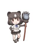 1girl animal_ears bear_ears bear_girl bear_tail black_eyes black_hair brown_bear_(kemono_friends) elbow_gloves extra_ears fingerless_gloves gloves highres kemono_friends leggings looking_at_viewer necktie official_art open_mouth shirt shoes short_hair skirt solo tail transparent_background weapon yoshizaki_mine