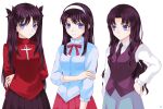  3girls arm_behind_back black_hair black_necktie black_skirt black_vest blue_eyes commentary_request company_connection crossover fate/stay_night fate_(series) frown hairband hand_on_hip kara_no_kyoukai kokutou_azaka lo_lis look-alike multiple_crossover multiple_girls necktie pleated_skirt red_skirt sidelocks signature skirt tohno_akiha tohsaka_rin trait_connection tsukihime two_side_up type-moon vest wavy_hair white_hairband 