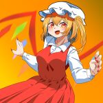  1girl :d bangs blonde_hair blush breasts collared_shirt commentary_request cowboy_shot crystal dress fangs fingernails flandre_scarlet hair_between_eyes hat highres long_hair looking_at_viewer medium_breasts mob_cap open_mouth orange_background orange_eyes pinafore_dress red_dress red_nails rinyamame sharp_fingernails shirt slit_pupils smile solo tongue touhou white_headwear white_shirt wings 