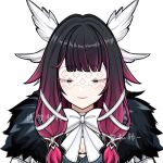  1girl bangs black_hair blunt_bangs chinese_commentary chishahaone closed_eyes coat columbina_(genshin_impact) commentary_request eye_mask fur-trimmed_coat fur_trim genshin_impact hair_wings highres long_hair multicolored_hair pink_hair smile solo white_coat white_mask wing_hair_ornament 