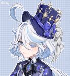  1girl ahoge blue_bow blue_eyes blue_hair blue_headwear bow brooch chinese_commentary chishahaone commentary_request focalors_(genshin_impact) genshin_impact hat hat_bow jewelry long_hair mismatched_pupils ponytail solo spoilers star_(symbol) top_hat white_hair 