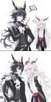  ! 2boys anger_vein arknights arms_behind_back bangs black_hair black_pants black_vest closed_eyes closed_mouth collared_shirt dress_shirt ebenholz_(arknights) grey_hair grey_shirt hair_between_eyes heart highres holding holding_wand horns kreide_(arknights) long_hair male_focus multiple_boys pants rio_(rio773) shaded_face shirt simple_background spoken_anger_vein spoken_exclamation_mark very_long_hair vest violet_eyes wand white_background white_shirt 