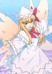  1girl :d bangs blonde_hair blue_background blue_eyes bow bowtie breasts capelet cherry_blossoms dress fairy_wings falling_petals from_above hair_between_eyes hat highres kakone lily_white long_hair long_sleeves medium_breasts open_mouth outstretched_arms petals red_bow red_bowtie rose_petals simple_background smile solo touhou upturned_eyes white_dress wide_sleeves wings 