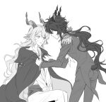  2boys animal_ears arknights bangs cape collared_shirt dress_shirt ebenholz_(arknights) epaulettes eye_contact feet_out_of_frame greyscale hair_between_eyes horns kreide_(arknights) leaning_forward long_hair looking_at_another male_focus monochrome multiple_boys pants parted_lips profile rio_(rio773) shirt simple_background sitting standing sweat tail tail_through_clothes very_long_hair white_background 