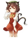  1girl :3 animal_ears ar_(maeus) bangs blush brown_eyes brown_hair cat_ears cat_tail chen closed_mouth cropped_legs dress feet_out_of_frame hair_between_eyes highres long_sleeves multiple_tails red_dress shirt short_hair simple_background solo tail touhou two_tails white_background white_shirt 
