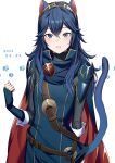  1girl 2023 ameno_(a_meno0) animal_ears armor bangs belt black_sweater blue_cape blue_eyes blue_gloves blue_hair blush brown_belt cape cat_day cat_ears cat_tail commentary dated fingerless_gloves fire_emblem fire_emblem_awakening gloves hair_between_eyes highres long_hair long_sleeves looking_at_viewer lucina_(fire_emblem) red_cape ribbed_sweater shoulder_armor simple_background solo sweatdrop sweater tail tiara turtleneck turtleneck_sweater two-tone_cape white_background 