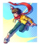  1boy brown_eyes brown_hair chai_(hi-fi_rush) full_body hi-fi_rush jacket magicalpouch male_focus open_clothes open_jacket prosthesis prosthetic_arm red_scarf running scarf shoelaces shoes smile solo teeth yellow_jacket 